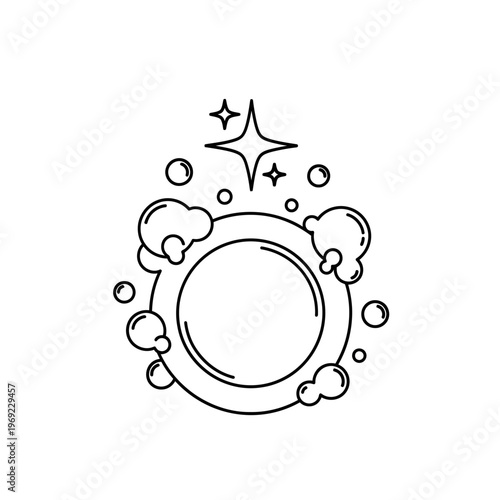 Clean Plate with Bubbles and Sparkles Icon - Outline Drawing