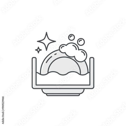 Dishwashing Icon: Plate Soaking in Sink with Bubbles and Sparkles