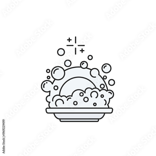 Dishwashing icon with bubbles and math symbols, clean plate, hygiene concept
