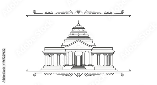 Classical Government Building Facade with Columns and Dome, Line Art