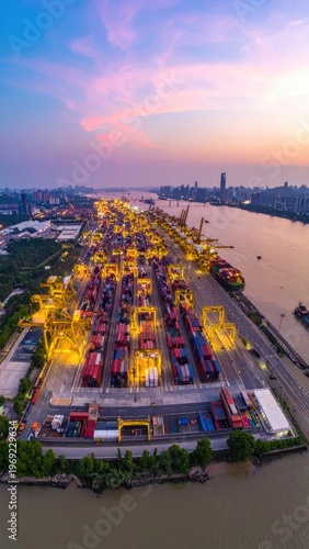 An aerial view showcases a bustling container port at dusk, with rows of brightly lit shipping containers stretching towards a cityscape reflected in the calm waters of a river.