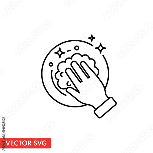 Hand washing a plate with a sponge, cleaning dishes icon, sparkling clean, vector illustration