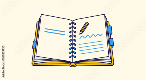 An illustration of an open notebook with a pencil on the page inside.
