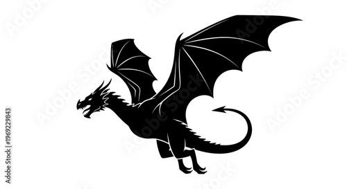 A black dragon illustration flies with wings spread wide in a fantasy environment.