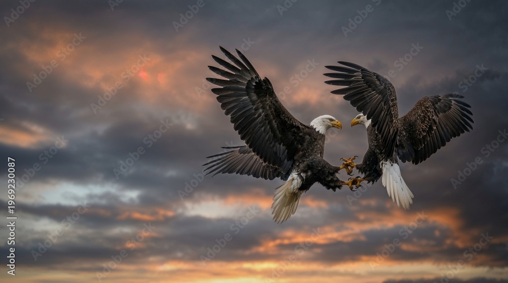 Fototapeta premium Two American bald eagles (Haliaeetus leucocephalus) locking talons during a dramatic mid-air fight with wide copy space
