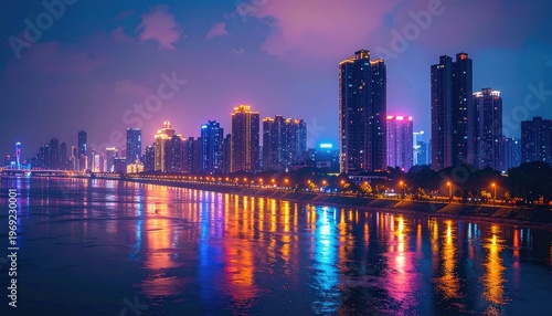 A vibrant cityscape glows under a twilight sky, its reflections shimmering on the tranquil river below, creating a mesmerizing urban panorama.