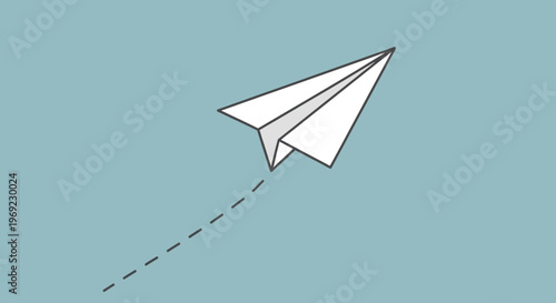 A white paper airplane soars through the air with a dotted trail behind it.