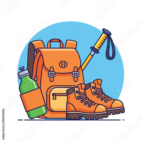 Hiking backpack and trekking gear equipment.