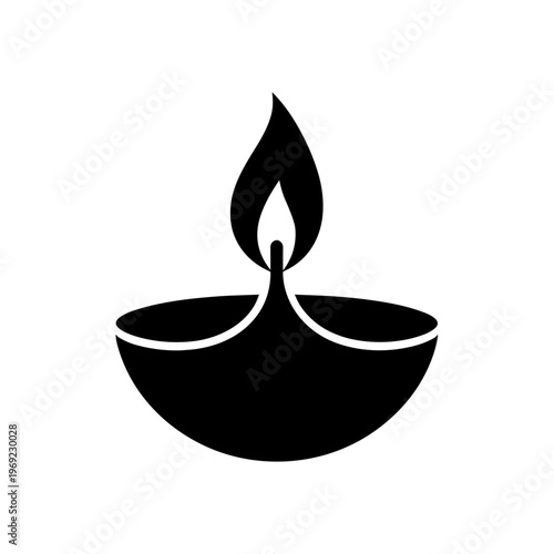 Black Flat Wide Bowl Diya Oil Lamp with Flame for Diwali Festival and Hindu Worship