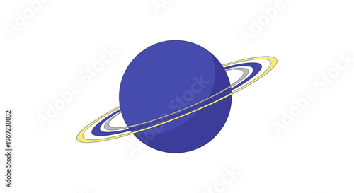 An illustration of a large blue planet with yellow and white rings orbiting around it in space.