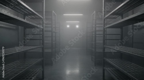 Empty Cold Storage Room with Shelving System Industrial Refrigeration Concept