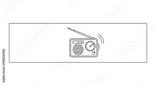 Minimalist line art illustration of a vintage portable radio emitting audio waves broadcast