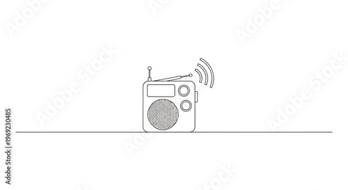 Elegant continuous line art illustration of a retro radio receiver emitting clear signal waves