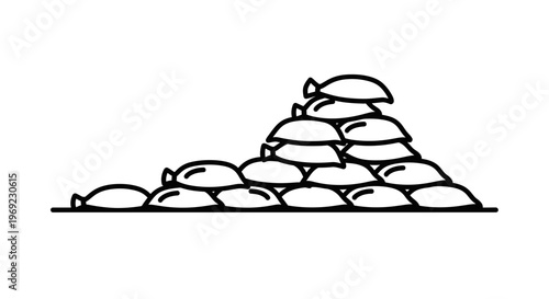 Graphic representation of stacked sacks forming a robust protective barrier outline artwork