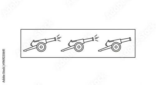 Linear vector illustration depicting historical cannons firing, a powerful display of vintage