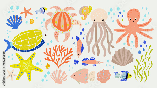 Colorful illustration depicting various marine life and coral reef elements
