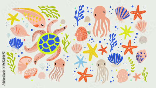 Colorful illustration of various sea creatures and marine life forms
