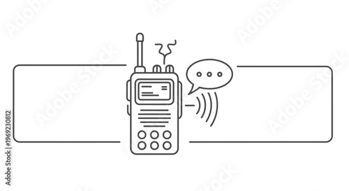 This outline illustration depicts a walkie-talkie device transmitting voice signals with a message