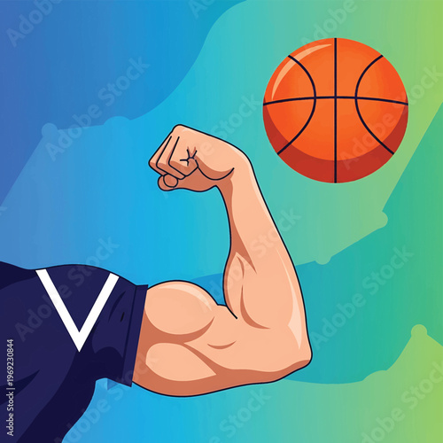 Man flexing arm with basketball nearby.