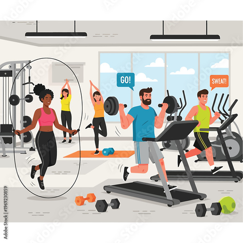 People exercising in a gym setting.