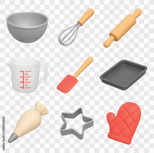 Baking and Kitchen Essentials Vector Icon Set | 3D icon set | mixing bowl, wire whisk, rolling pin, measuring cup, spatula, baking tray, piping bag, a star-shaped cookie cutter, quilted oven mitt