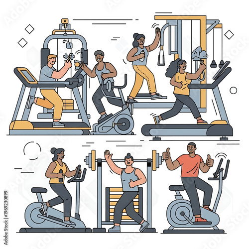 People exercising on gym equipment.