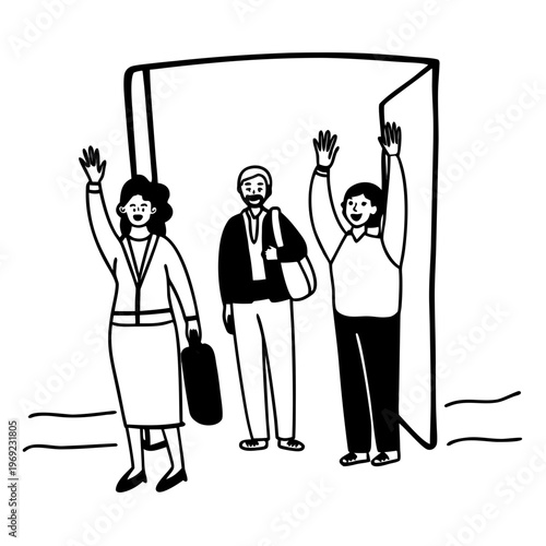 A group of happy people standing together Waving and inviting new customers Colleagues multi-ethnic team concept happy welcome newcomer. Colorful vector ... See More