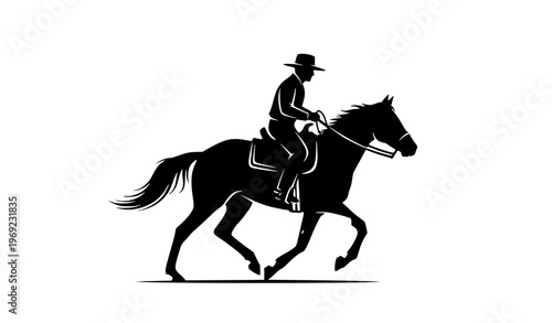 Horseman riding galloping horse silhouette vector isolated on white background in minimal flat design
