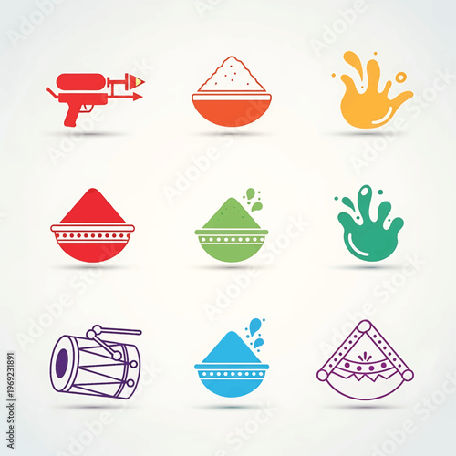 Holi festival colorful powder icons.