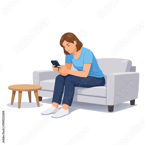 A vector illustration of a young woman sitting on a sofa while using her smartphone, showing a relaxed moment with a cozy and modern lifestyle atmosphere.
