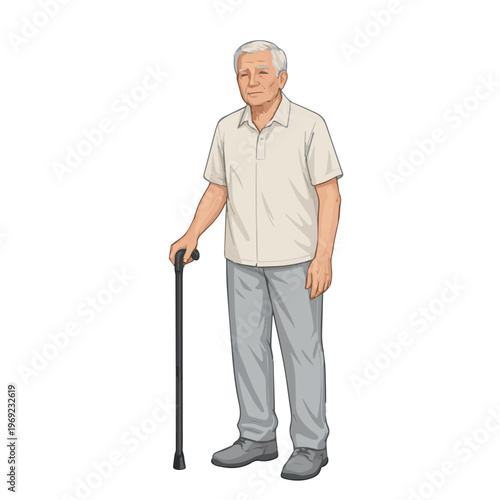A clean vector of an older man standing with a cane, representing assistance, balance, and daily movement in a simple and modern illustration style.