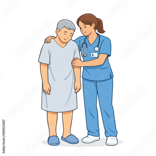 A vector illustration of a nurse accompanying an elderly female patient, showing care, support, and compassion in a hospital setting with a warm and professional atmosphere.