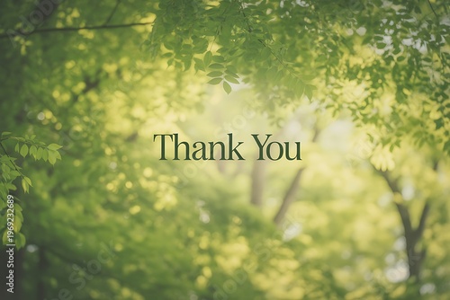 A serene forest scene with a heartfelt thank you message surrounded by lush green leaves and sunlight