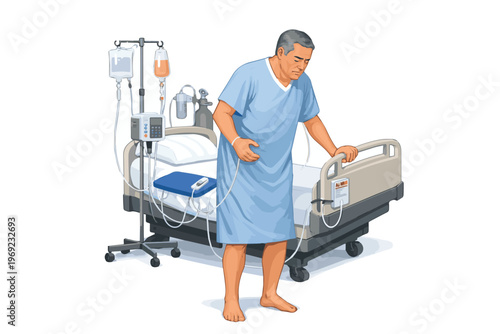 A vector illustration of an elderly man walking from his hospital bed with an IV drip toward the restroom, showing patient care, recovery, and a clinical environment.