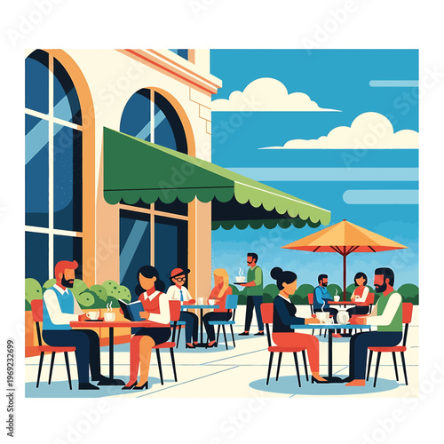 People sitting at outdoor cafe tables.