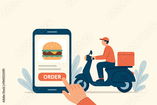 A vector illustration of online food ordering with a large smartphone screen showing an app, accompanied by a delivery courier, representing fast and modern food service.