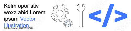 Software development, programming, engineering, coding, technology concepts, digital tools. Image shows gears, a wrench and coding brackets. Software development and programming concept
