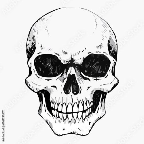 A spooky vector illustration of a human skull and crossbones on a black background featuring a scary dead face with white teeth and an anatomy jaw bone symbol for Halloween horror art.