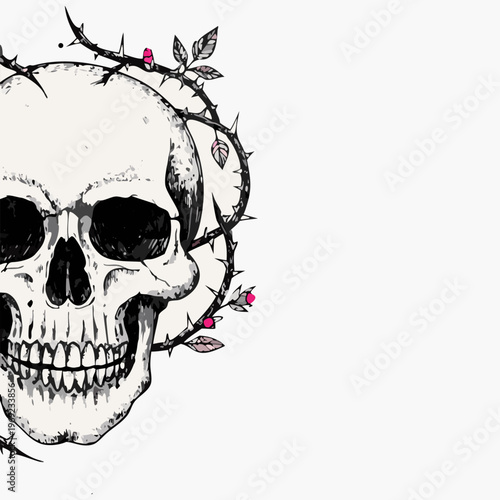 A scary gothic vector illustration of a human skull with wings and crossbones on a black background, featuring a grunge pirate tattoo style symbol of death, horror, and danger.