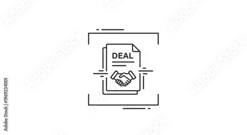 Clean line art animated icon illustrating a business deal document with a handshake symbol for