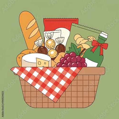 Picnic basket with food items inside.