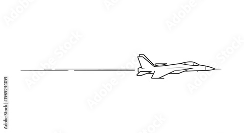 Minimalist vector illustration of a modern fighter jet in rapid forward motion with trail