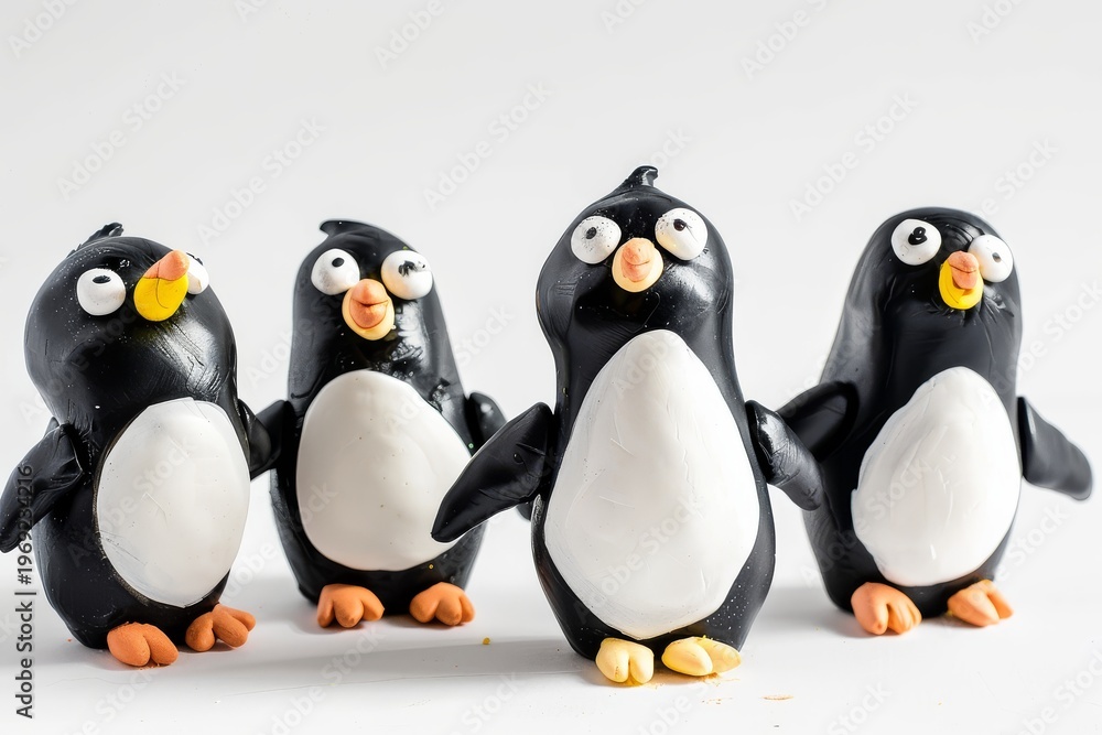 Obraz premium Five cute plasticine penguins front view white background simple playful clay character group design