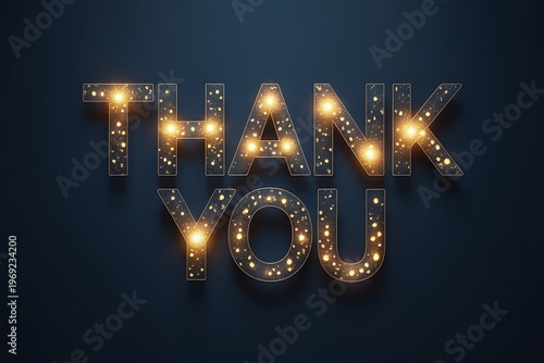 A bright and shiny thank you message with glowing lights on a dark background