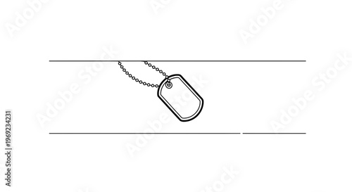 Minimalist black and white line art illustration of a military dog tag hanging on a chain between
