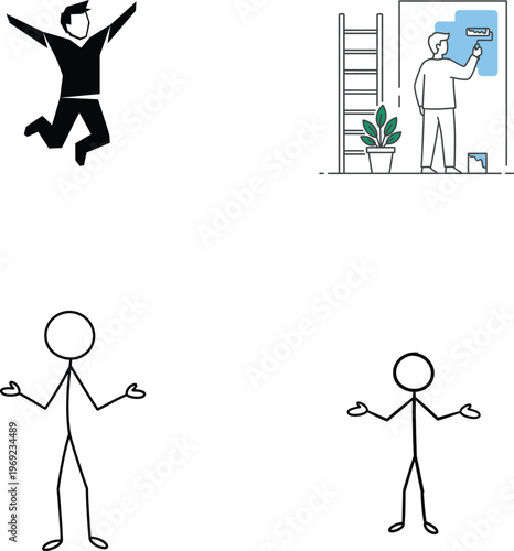 Stick figures demonstrating various actions and emotions