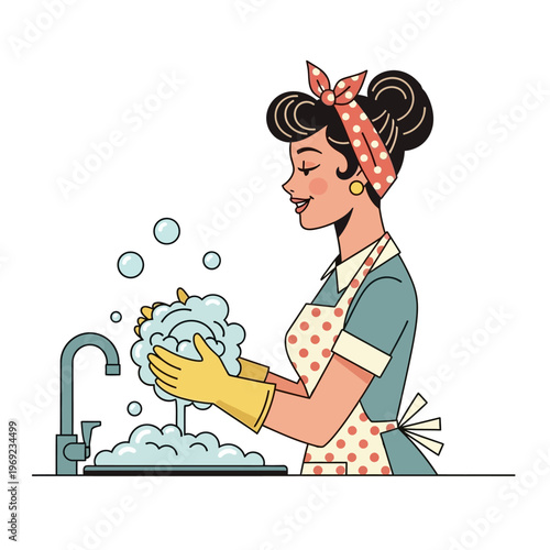 Retro Woman Washing Dishes in Kitchen Sink, Vintage Housewife Cleaning, Domestic Chores