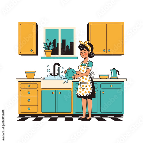 Retro Woman Washing Dishes in Vintage Kitchen, Cartoon Style