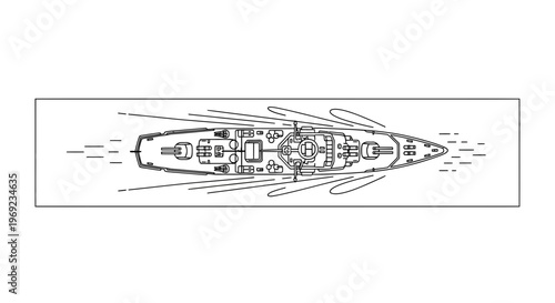 Detailed top-down line art illustration of a powerful warship swiftly navigating through open