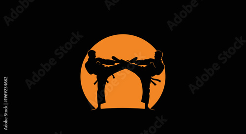Arm wrestling silhouette with strong hands and sunset backdrop
